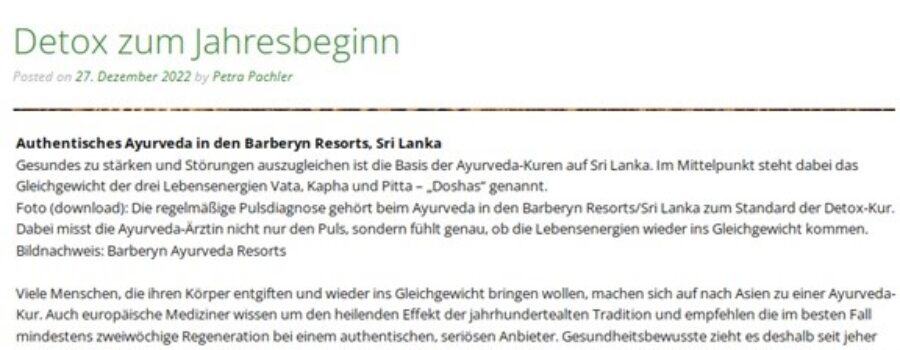 GESUNDREISEN: DETOX ZUM JAHRESBEGINN AUTHENTISCHES AYURVEDA IN DEN BARBERYN RESORTS, SRI LANKA